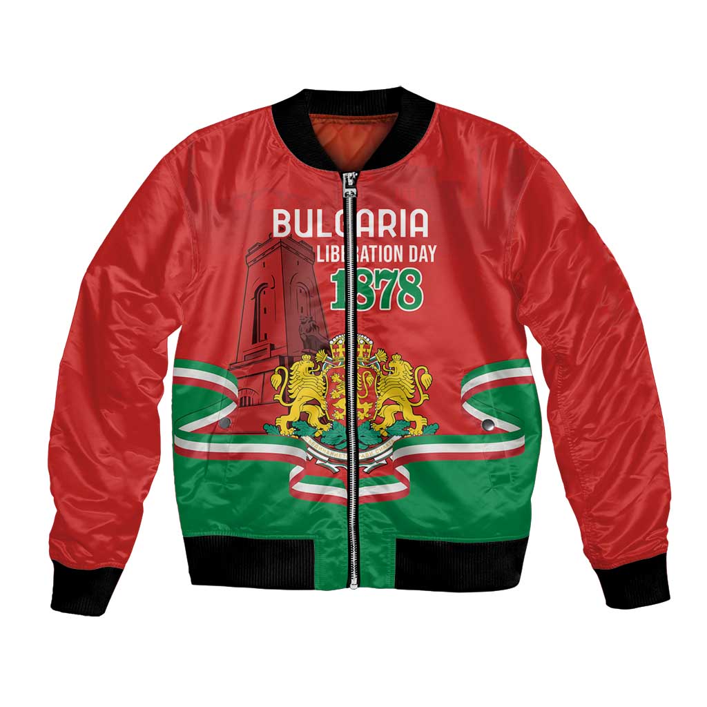 Red bomber jacket with front zip and Bulgarian flag graphic, ribbed black collar and cuffs