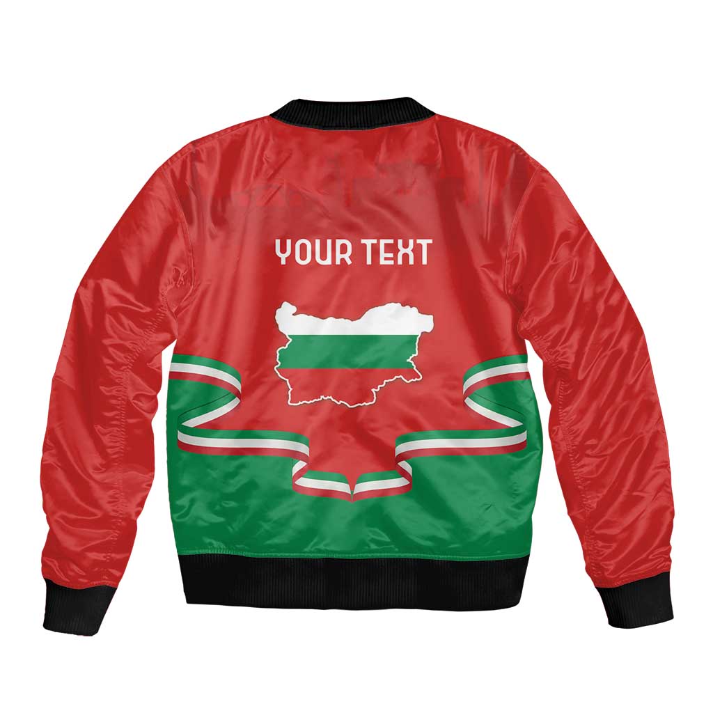 Red bomber jacket, back view, YOUR TEXT over Bulgaria map with flag print, ribbed hem
