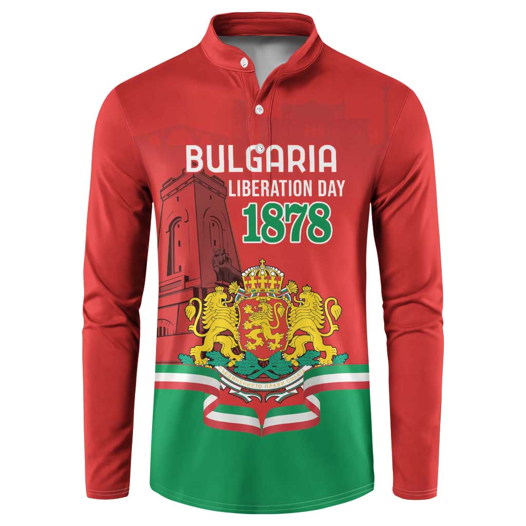 Red button-front sweatshirt with Bulgaria Liberation Day graphic, 1878, and crest