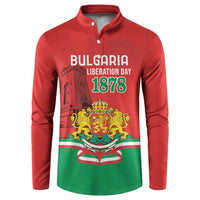 Red button-front sweatshirt with Bulgaria Liberation Day graphic, 1878, and crest