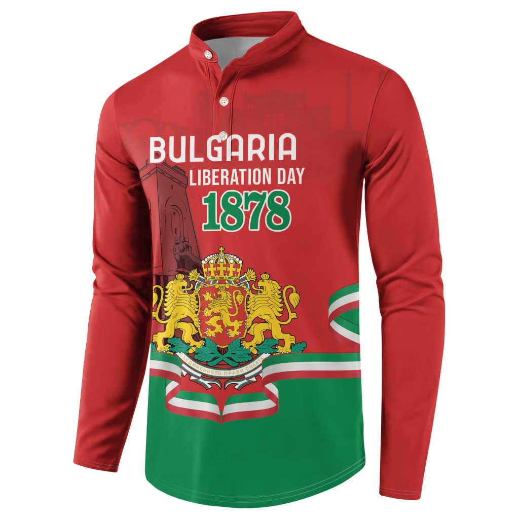 Red button-front sweatshirt with Bulgaria Liberation Day 1878 emblem and shield