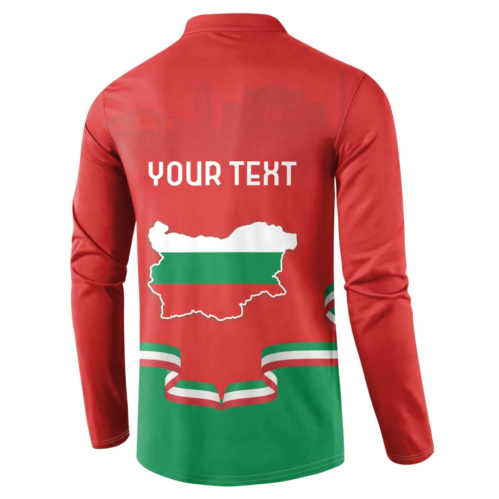 Red button-front sweatshirt back with YOUR TEXT, Bulgaria map, and flag bands