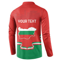 Red button-front sweatshirt back with YOUR TEXT, Bulgaria map, and flag bands