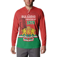 Red button-front sweatshirt on model with Bulgaria Liberation Day 1878 crest and flag