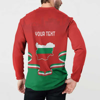 Red button-front sweatshirt on model with YOUR TEXT and Bulgaria map on back