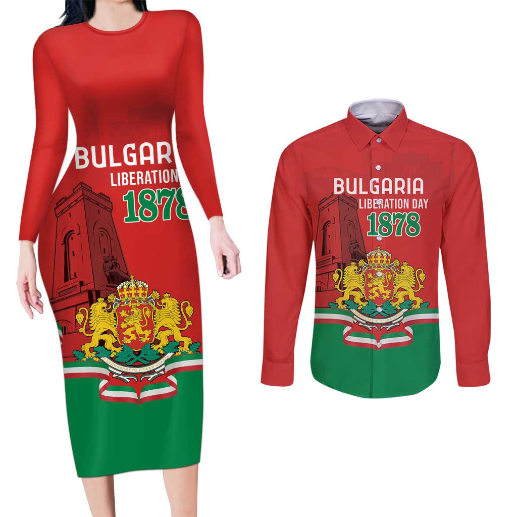 Personalized Bulgaria Liberation Day Couples Matching Long Sleeve Bodycon Dress and Long Sleeve Button Shirt Shipka Monument Unity Makes Strength