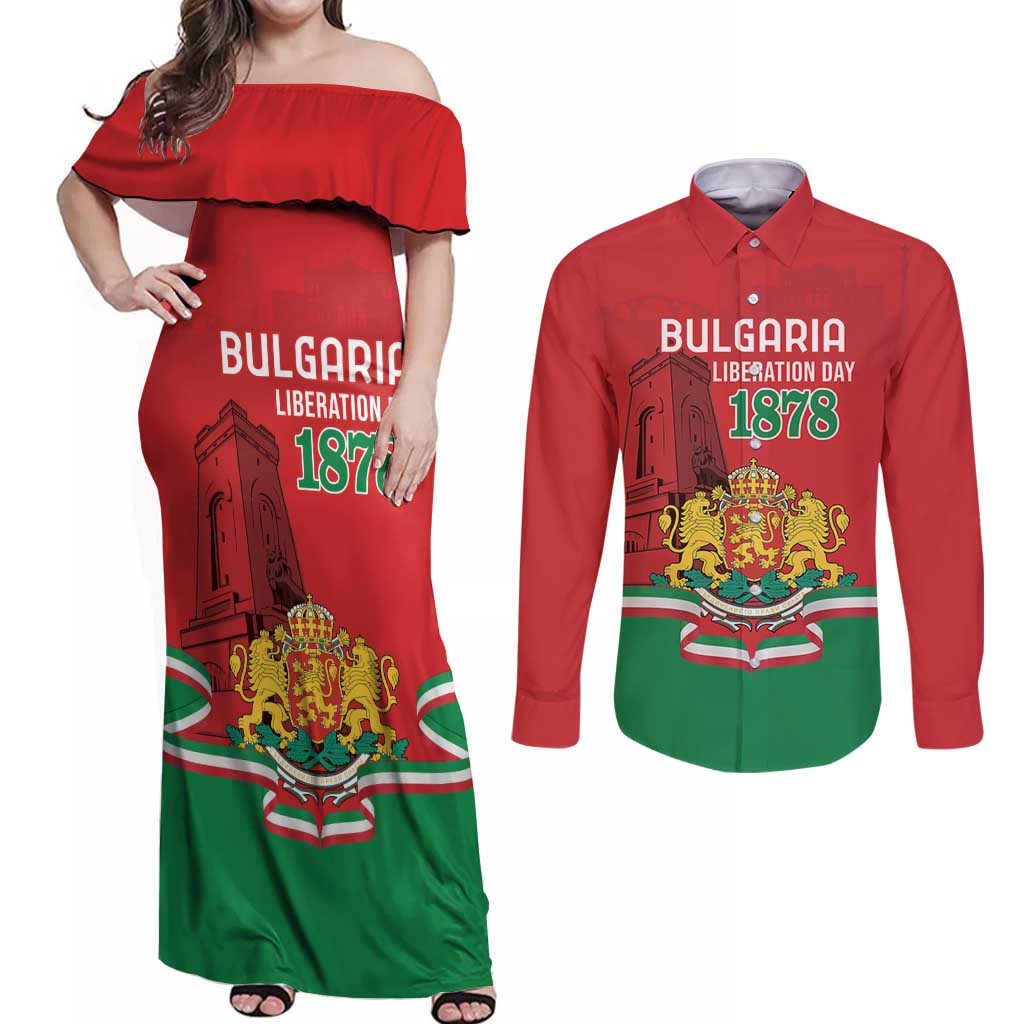 Personalized Bulgaria Liberation Day Couples Matching Off Shoulder Maxi Dress and Long Sleeve Button Shirt Shipka Monument Unity Makes Strength