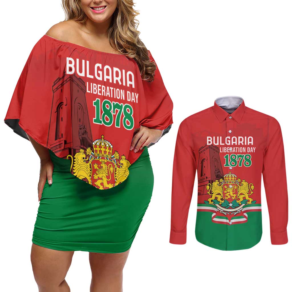 Personalized Bulgaria Liberation Day Couples Matching Off Shoulder Short Dress and Long Sleeve Button Shirt Shipka Monument Unity Makes Strength