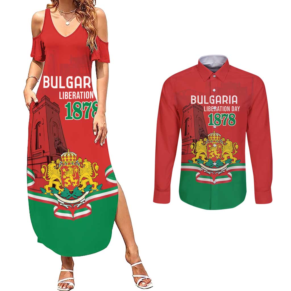 Personalized Bulgaria Liberation Day Couples Matching Summer Maxi Dress and Long Sleeve Button Shirt Shipka Monument Unity Makes Strength