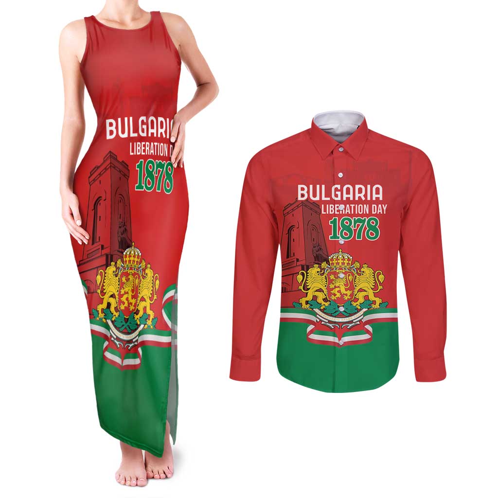 Personalized Bulgaria Liberation Day Couples Matching Tank Maxi Dress and Long Sleeve Button Shirt Shipka Monument Unity Makes Strength