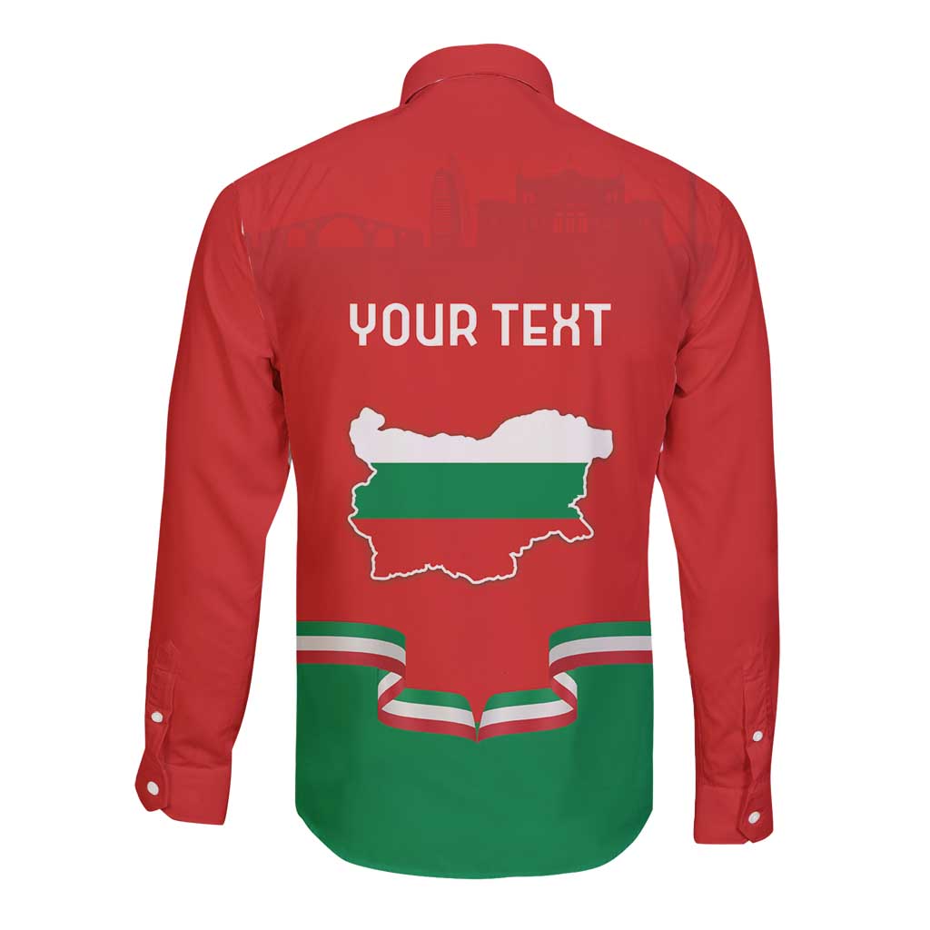 Back red and green long-sleeve button shirt with Bulgaria map, flag, and your text