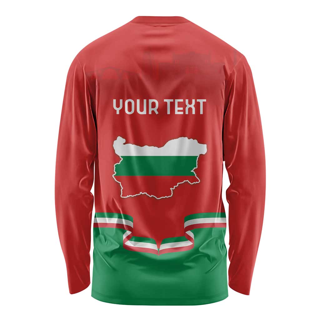 Red long-sleeve shirt with YOUR TEXT and Bulgaria map flag graphic on back