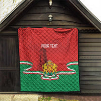 Red and green quilt featuring Bulgarian flag crest, monument silhouette, and personalized text