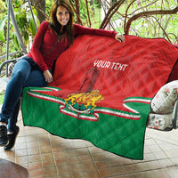 Red and green Bulgarian-themed quilt with crest, monument graphic, and custom text