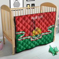 Red and green quilt with Bulgarian crest emblem, monument graphic, and custom text