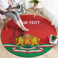 Red round carpet with emblem and YOUR TEXT, centered crest and stripes border.