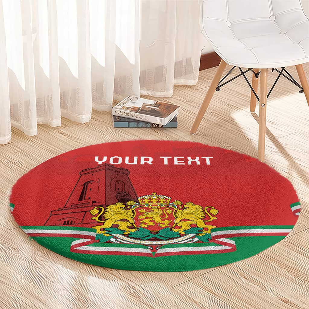 Red round carpet with emblem, monument graphic, and YOUR TEXT, curved edge visible.