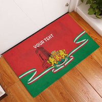 Personalized red and green rubber doormat with Bulgarian crest, custom text, and stripes