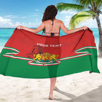 Bulgaria-themed sarong with red and green flag design, crest, and 'YOUR TEXT' print
