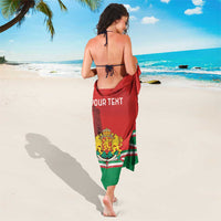 Bulgaria-themed sarong draped at back, red and green flag print with crest and 'YOUR TEXT'