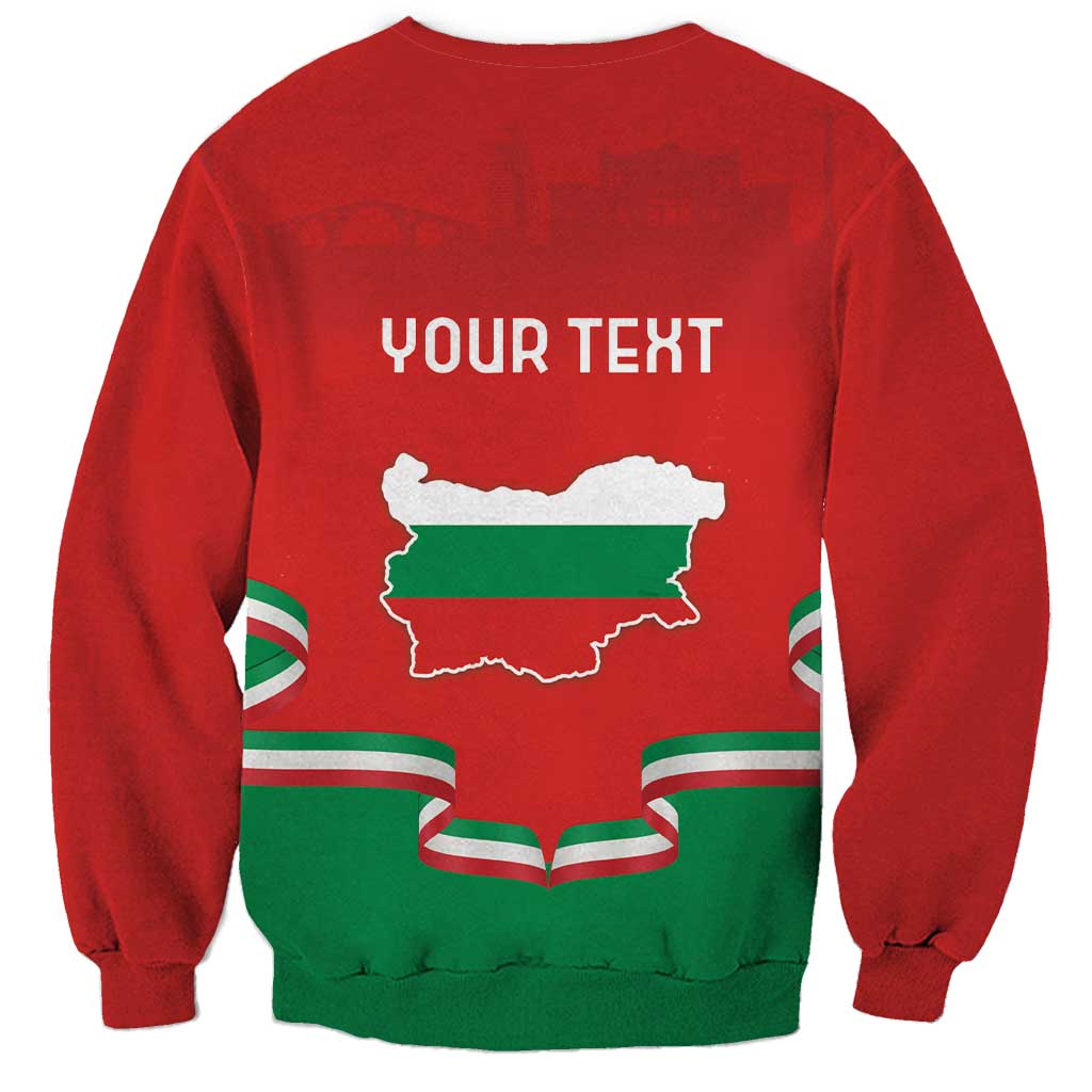 Red back sweatshirt with YOUR TENT text, Bulgaria outline, flag crest