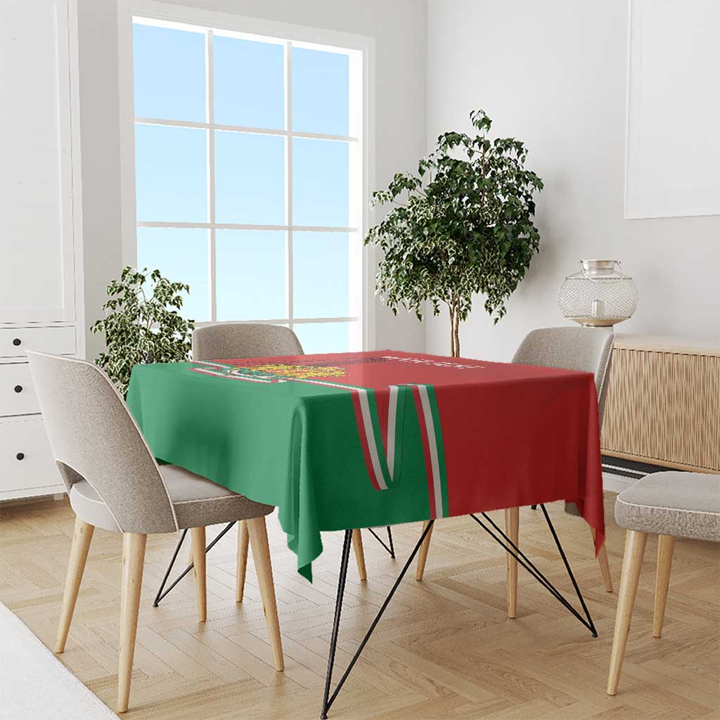Bulgaria-themed personalized tablecloth on dining table with red top and green striped edge