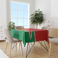 Bulgaria-themed personalized tablecloth on dining table with red top and green striped edge