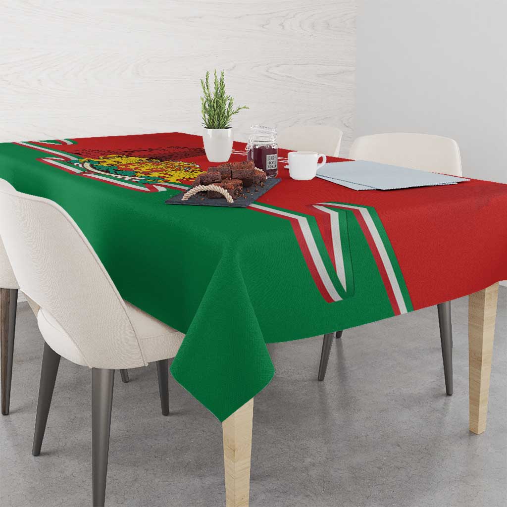 Bulgaria-themed personalized tablecloth draped on dining table, red panel with green border