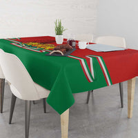 Bulgaria-themed personalized tablecloth draped on dining table, red panel with green border