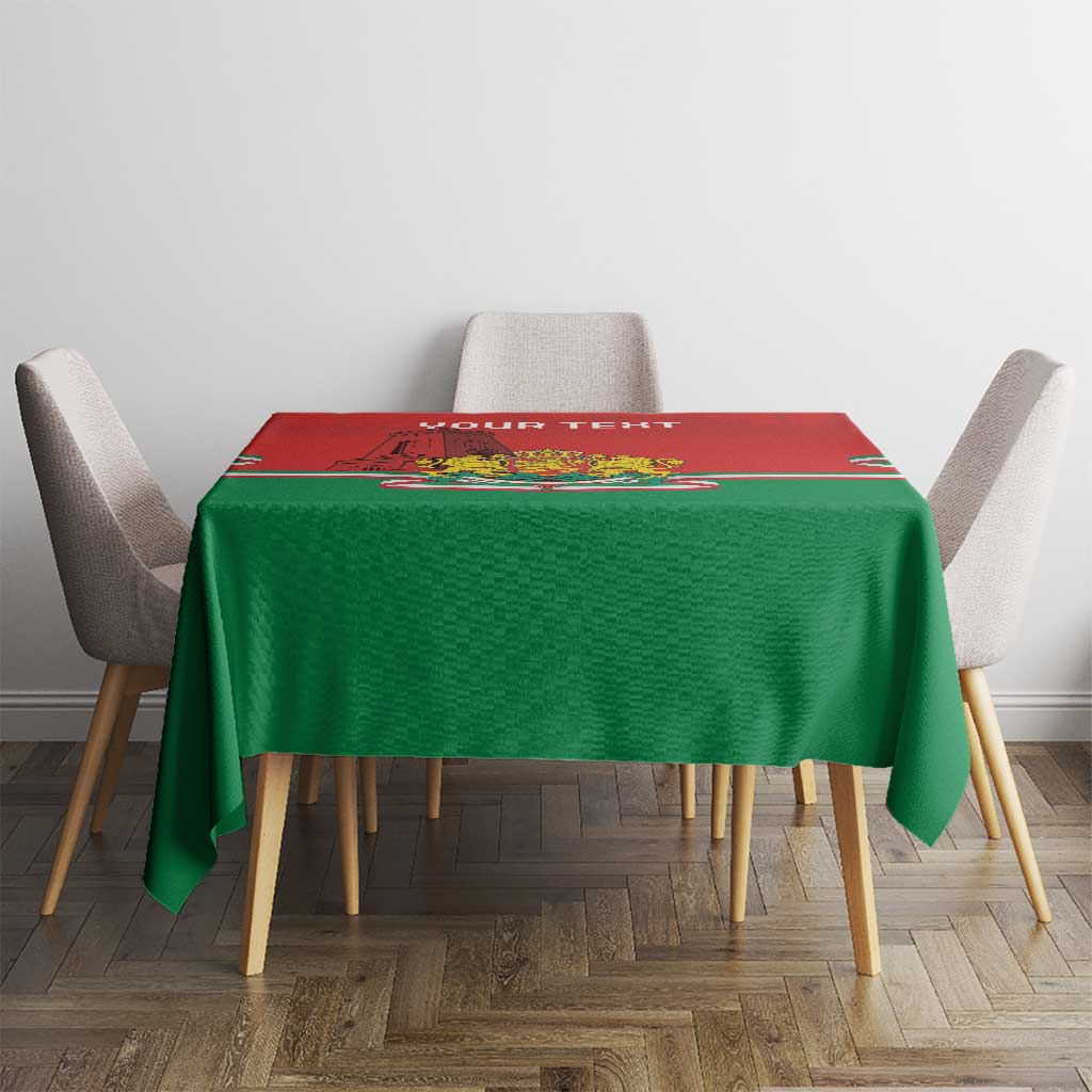 Personalized Bulgaria-themed tablecloth on table with red top section and green hanging cloth
