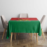Personalized Bulgaria-themed tablecloth on table with red top section and green hanging cloth