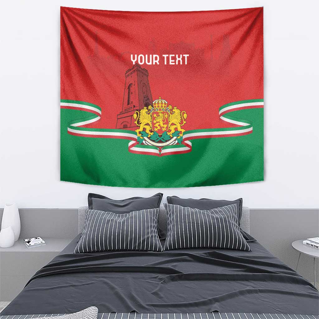 Rectangular red and green wall tapestry featuring coat of arms and YOUR TEXT