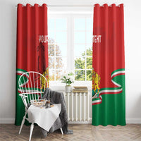 Red and green personalized window curtains with Bulgarian crest and your text, grommet top
