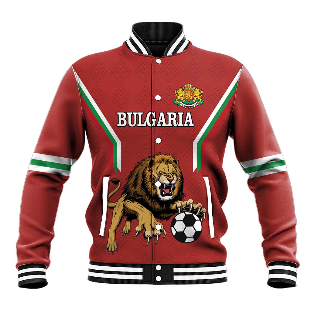 Red baseball varsity jacket with Bulgaria crest, lion graphic, white-and-green striped sleeves