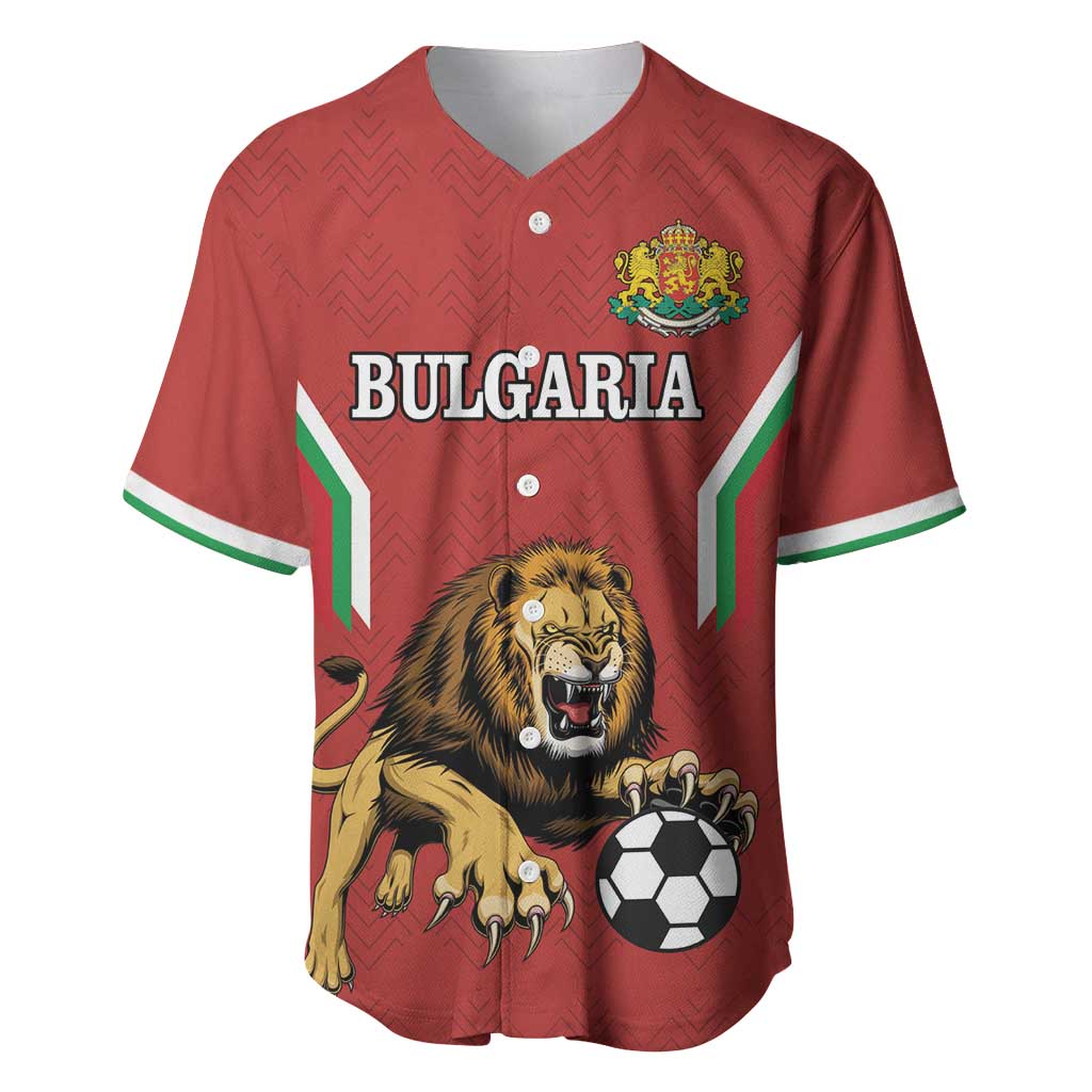 Red football baseball jersey with Bulgaria print, lion mascot, and soccer ball