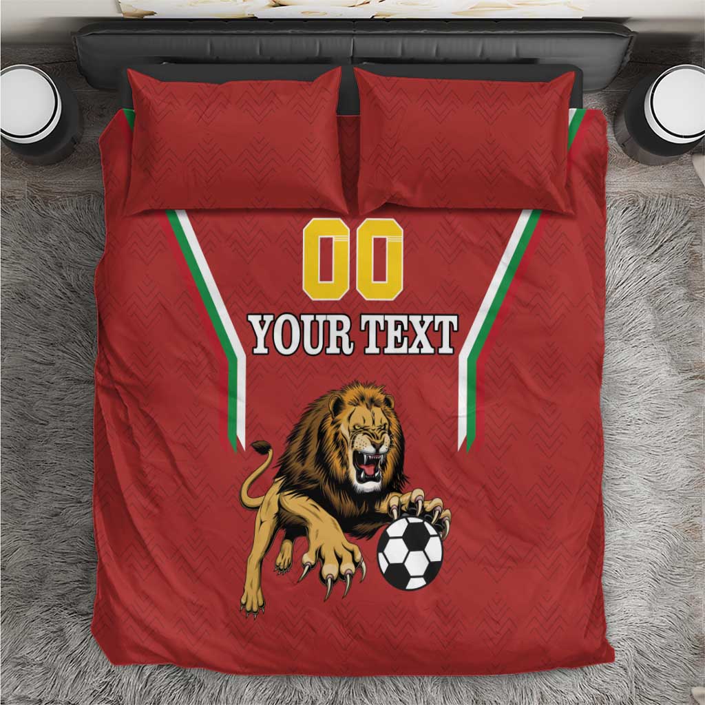 Red football bedding set with lion and soccer ball graphic, duvet cover and two pillowcases