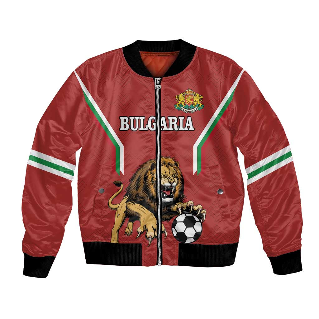 Red Bulgaria football bomber jacket with lion and crest, black ribbed collar and cuffs