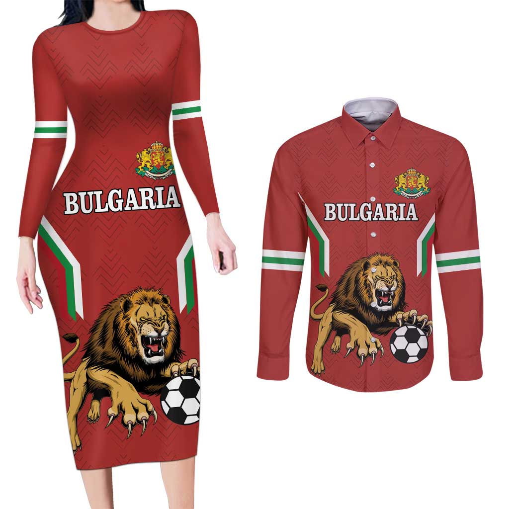 Custom Bulgaria Football Couples Matching Long Sleeve Bodycon Dress and Long Sleeve Button Shirt The Lions Come Champions Red Version