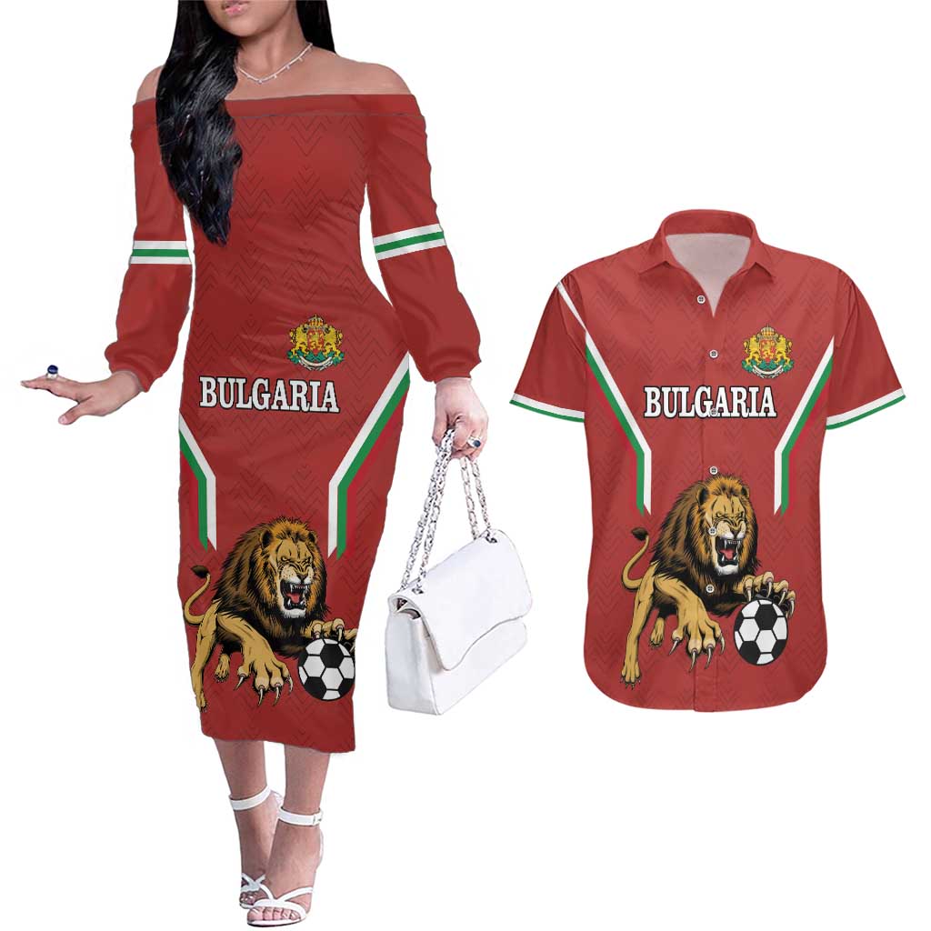 Custom Bulgaria Football Couples Matching Off The Shoulder Long Sleeve Dress and Hawaiian Shirt The Lions Come Champions Red Version