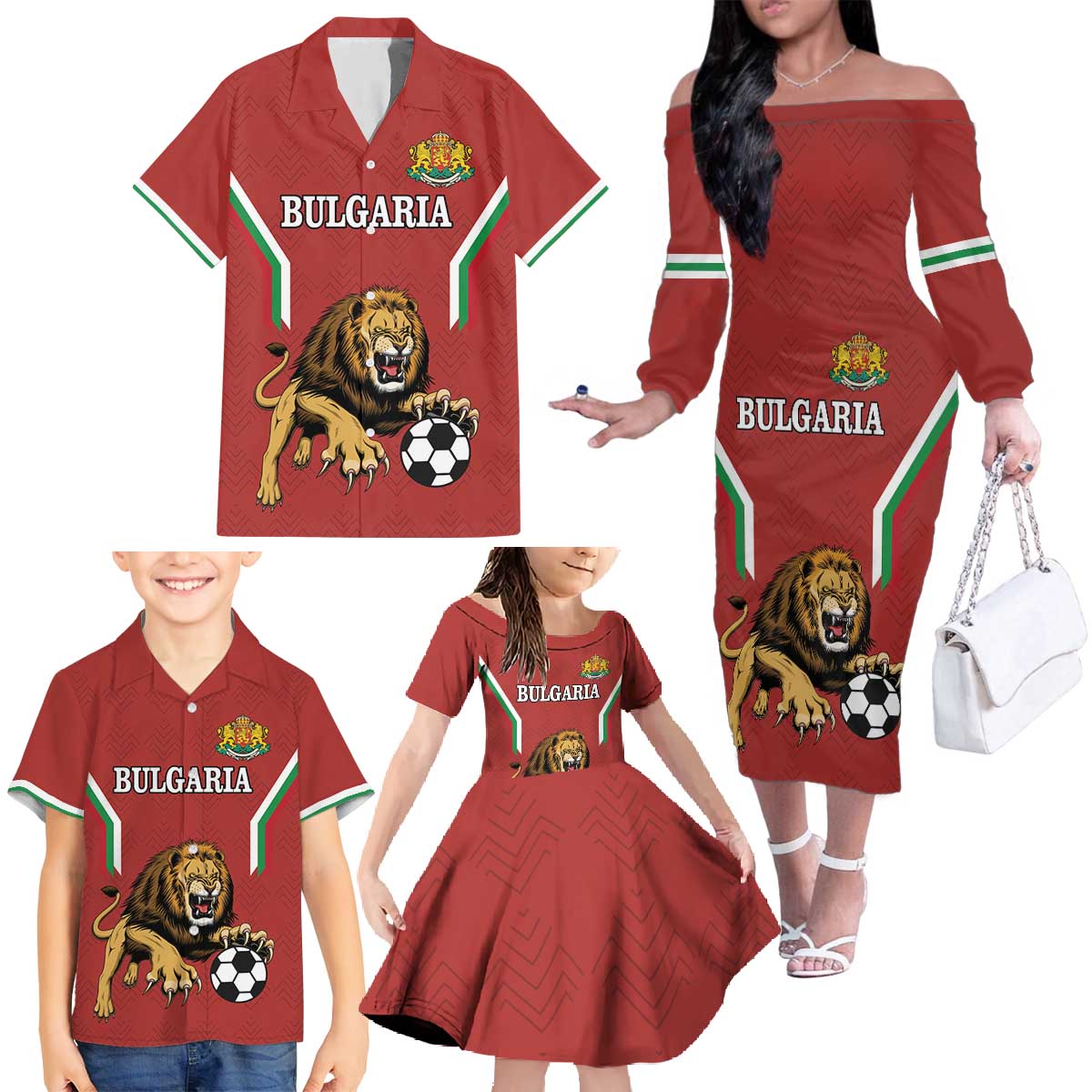 Custom Bulgaria Football Family Matching Off The Shoulder Long Sleeve Dress and Hawaiian Shirt The Lions Come Champions Red Version