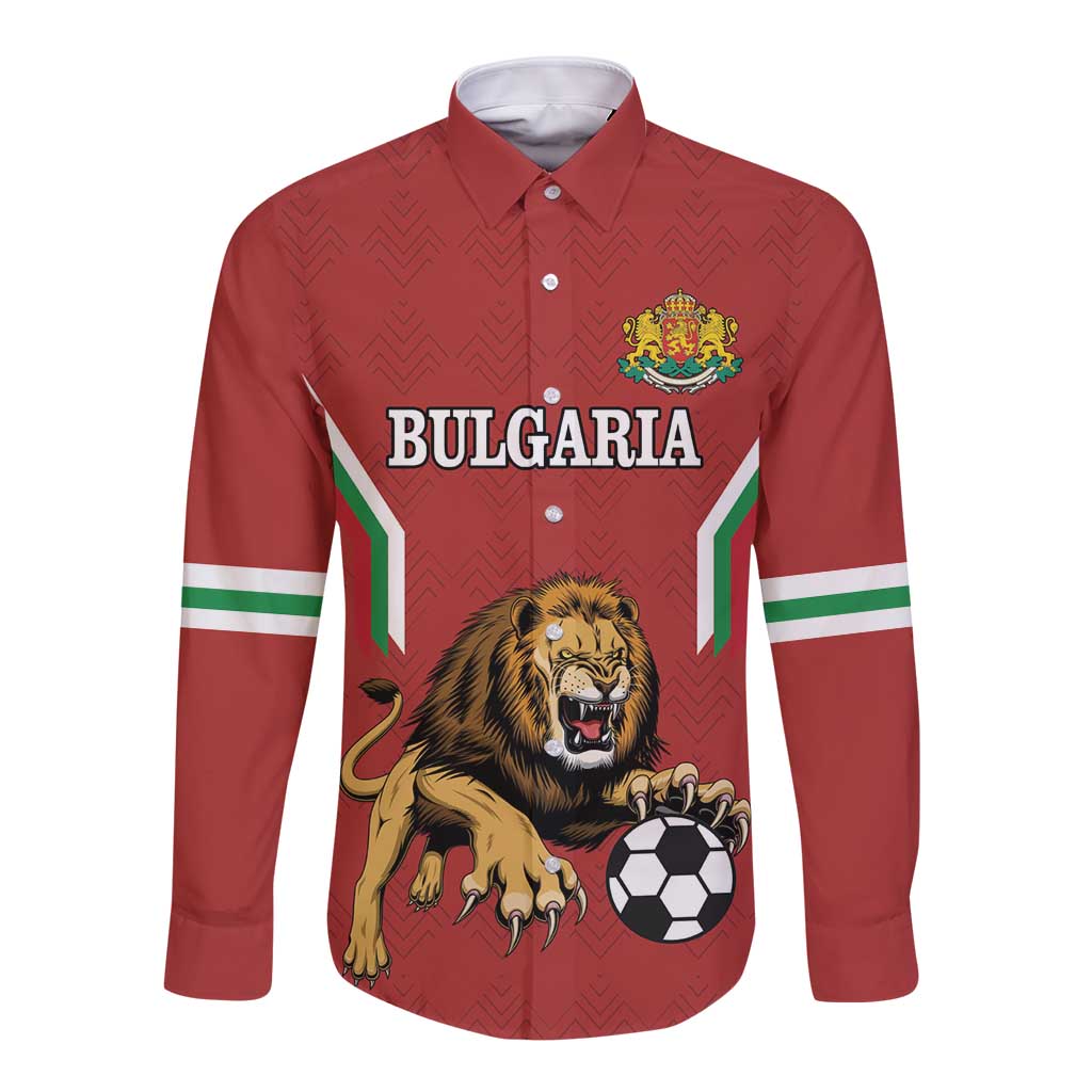 Red long-sleeve button football shirt with Bulgaria text, lion graphic, and striped sleeves