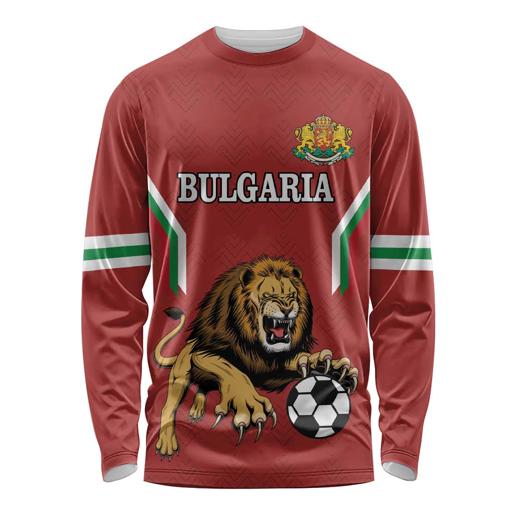 Red long-sleeve football shirt with Bulgaria graphic, lion crest, and sleeve stripes