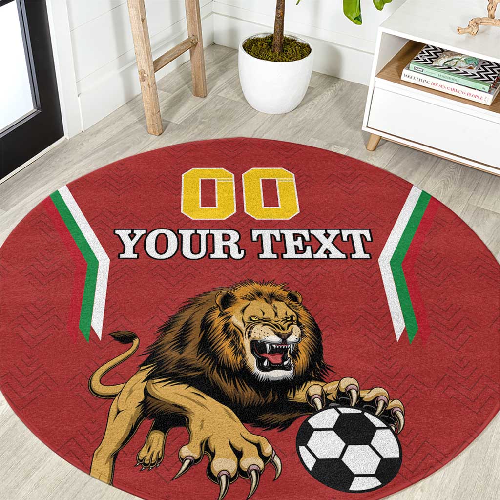 Red circular football rug with bold '00' and 'Your Text' plus lion soccer design