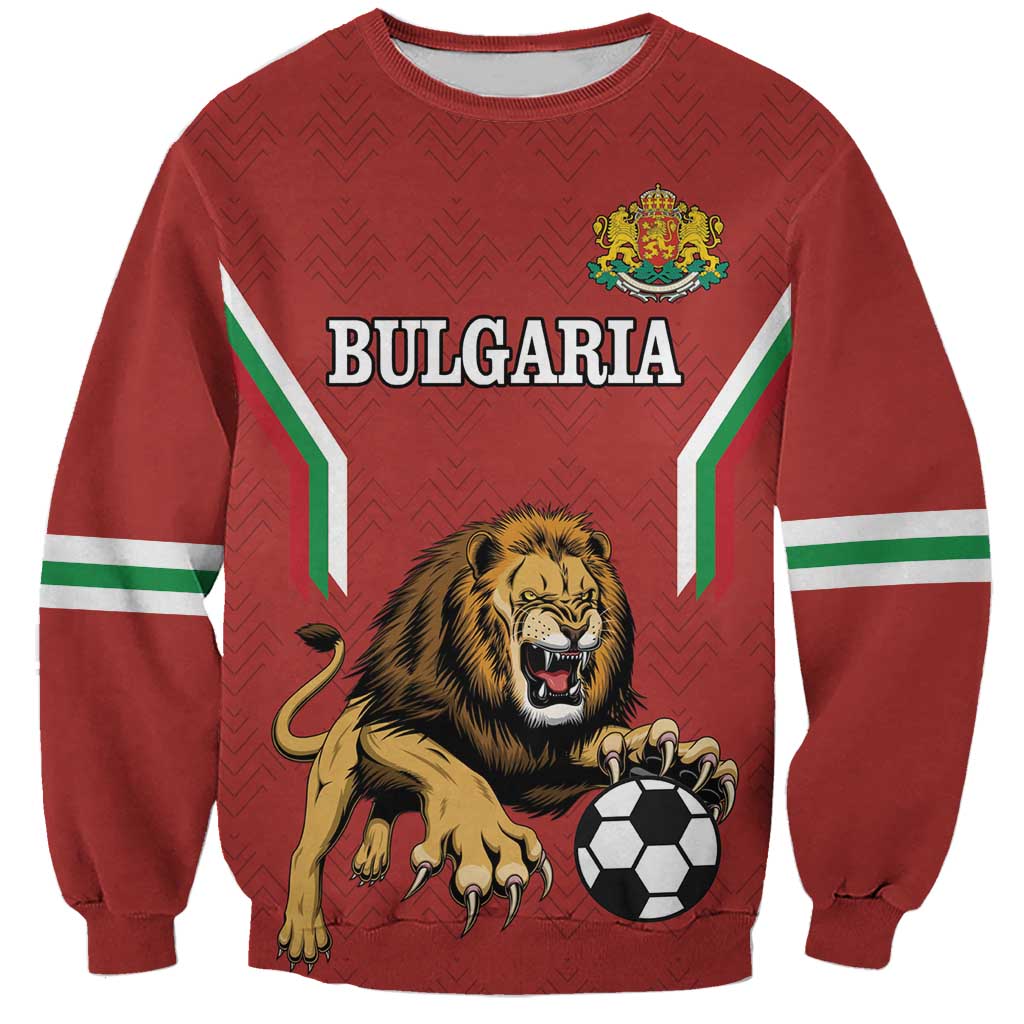 Red football sweatshirt with Bulgaria text, crowned lion and soccer ball front graphic