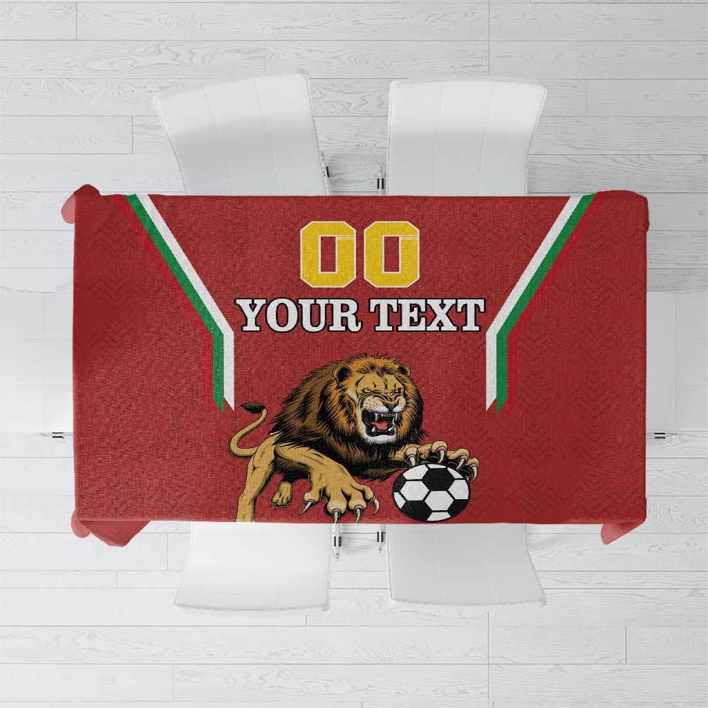 Red football tablecloth showing lion, soccer ball, and "GO YOUR TEXT" layout