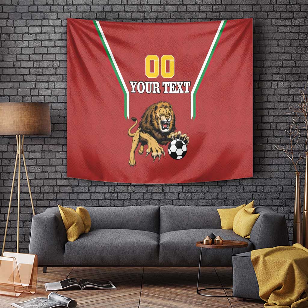 Red football tapestry with lion, soccer ball, green-white trim, 'YOUR TEXT' and '00'