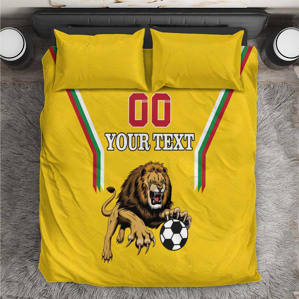 Yellow football bedding set viewed from above: duvet and two pillows show “00 YOUR TEXT”