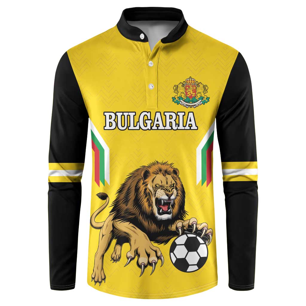 Yellow football button sweatshirt with black sleeves, front Bulgaria text, lion and soccer ball