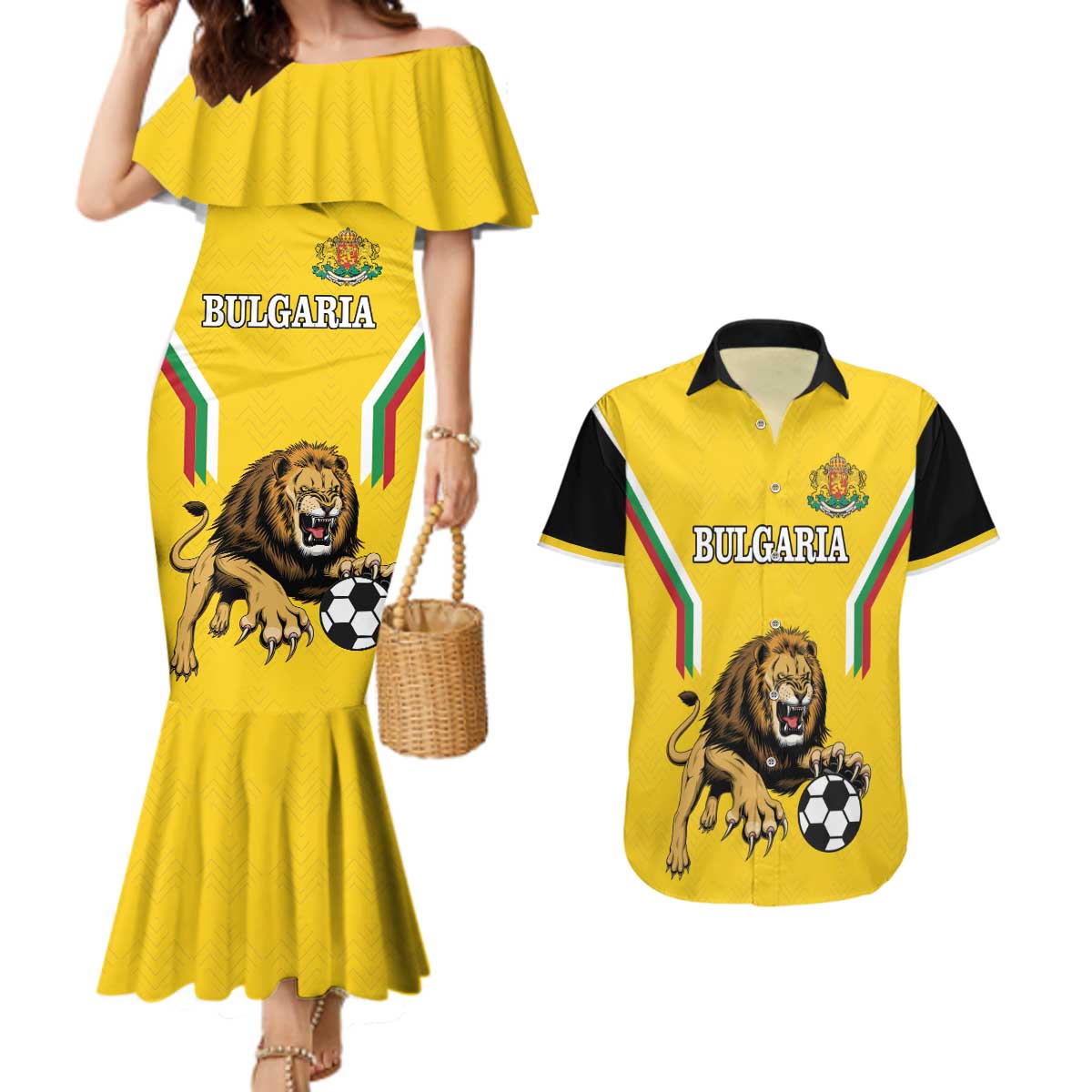 Custom Bulgaria Football Couples Matching Mermaid Dress and Hawaiian Shirt The Lions Come Champions Yellow Version