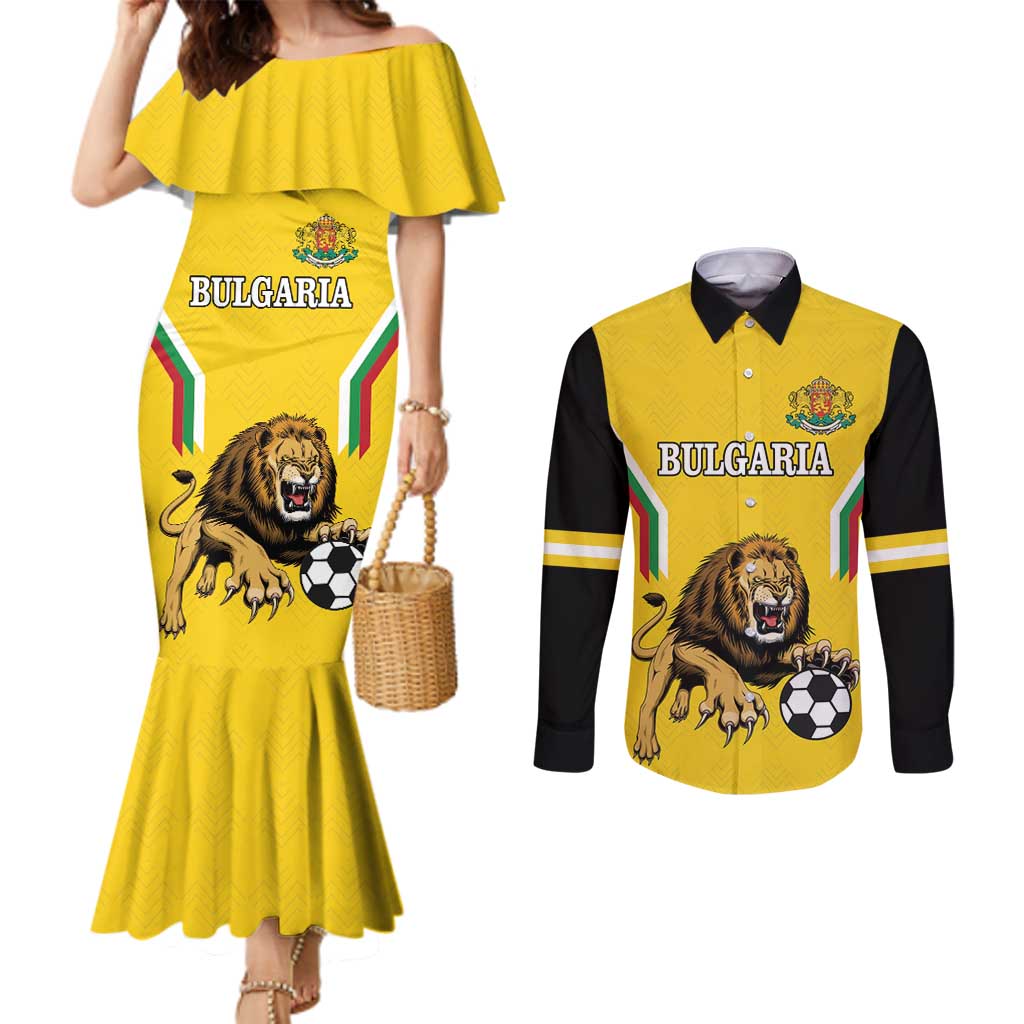 Custom Bulgaria Football Couples Matching Mermaid Dress and Long Sleeve Button Shirt The Lions Come Champions Yellow Version